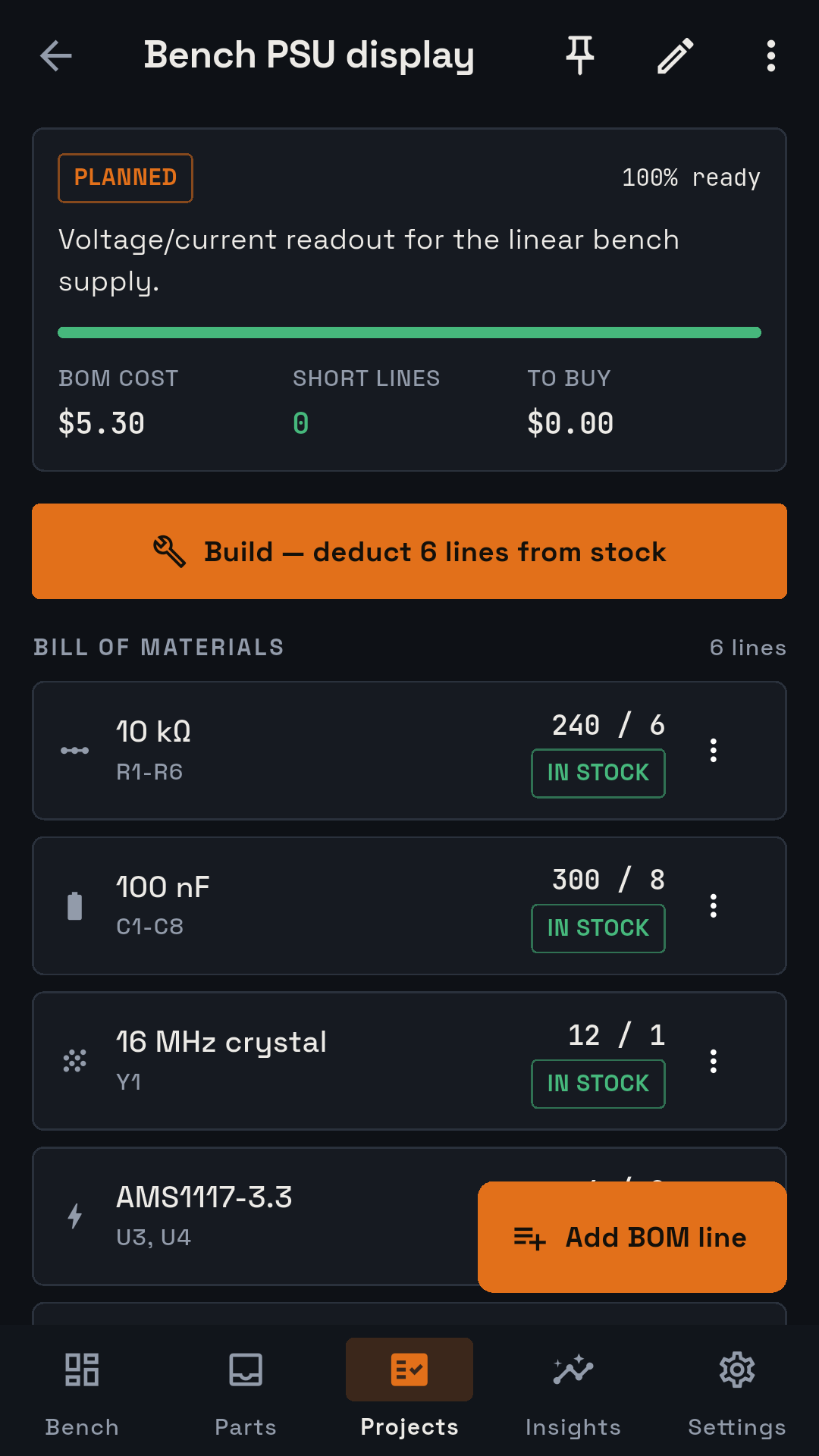 Project bill of materials showing stock coverage per line